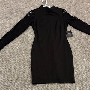 Lulu’s Black Lace-Sleeve Mock Neck Dress